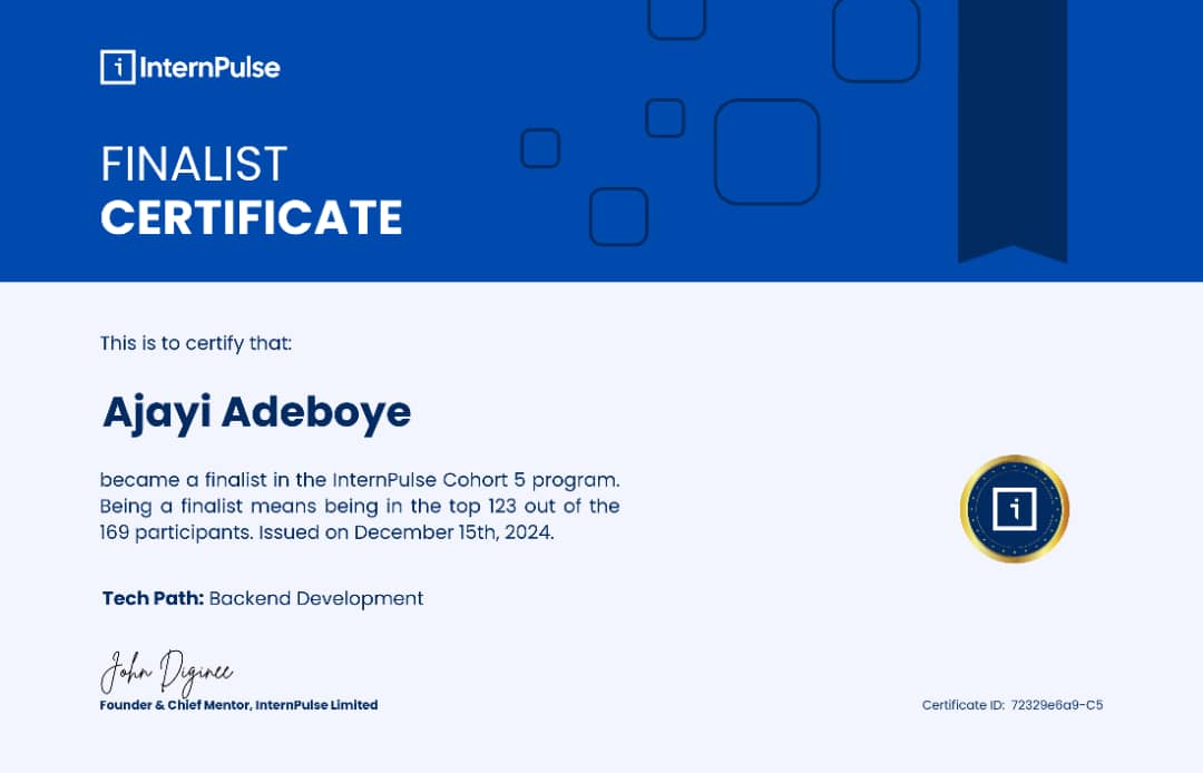 InternPulse Finalist Certificate